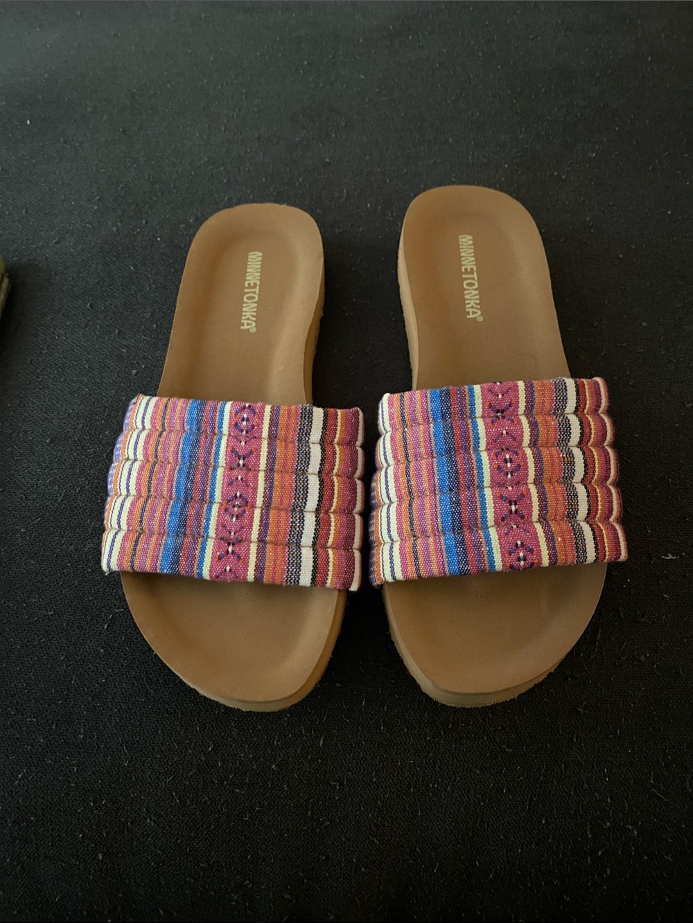 Minnetonka Multicolor Striped Slide Sandals - Pink, Blue, Brown